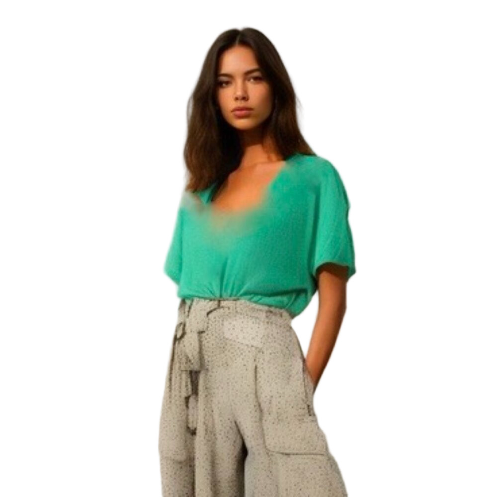 Zara   Crop Top Short Sleeve  V neck draw string  Front Tie  Mid Green